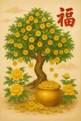 Tranh treo tường phong thuỷ cây tiền vàng trên nền vàng đồng, mang ý nghĩa thu hút tài lộc và bình an cho gia chủ.