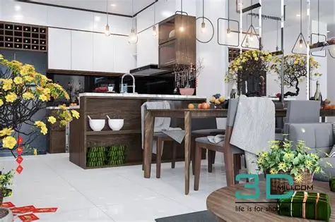 Không gian bếp được trang trí nhẹ nhàng đón Tết